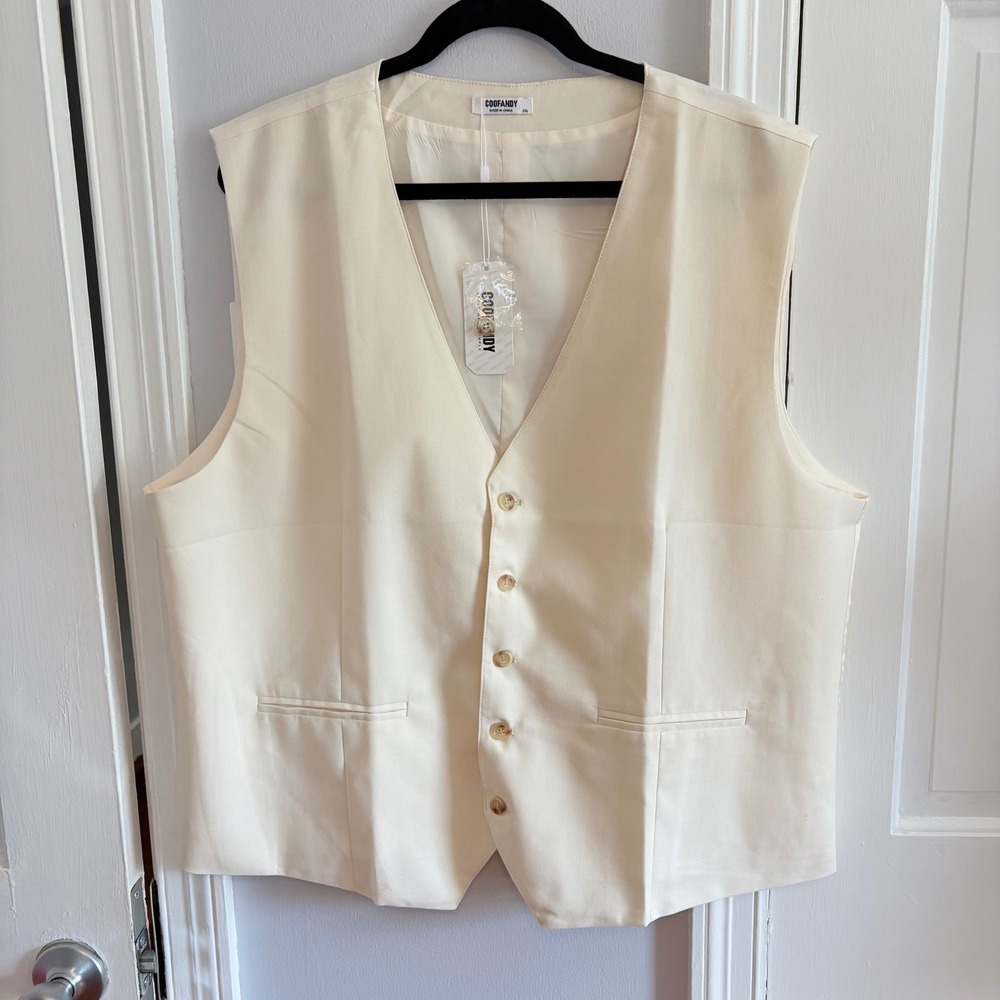 NEW COOFANDY Mens XXL Suit Vest Cream Linen Viscose Slim Fit Formal Wedding
